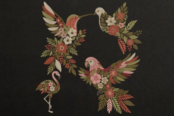 Reviewing Set of 4 Floral Tropical Birds in Black